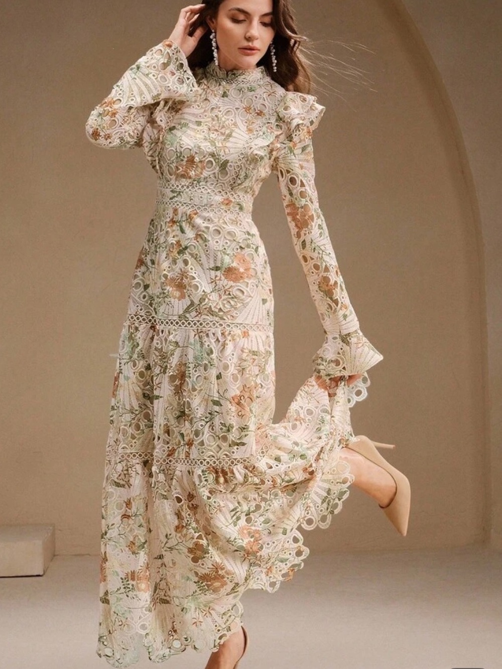 Floral Lace Maxi Dress in Cream and Green French Romantic by Anewsta Size 4